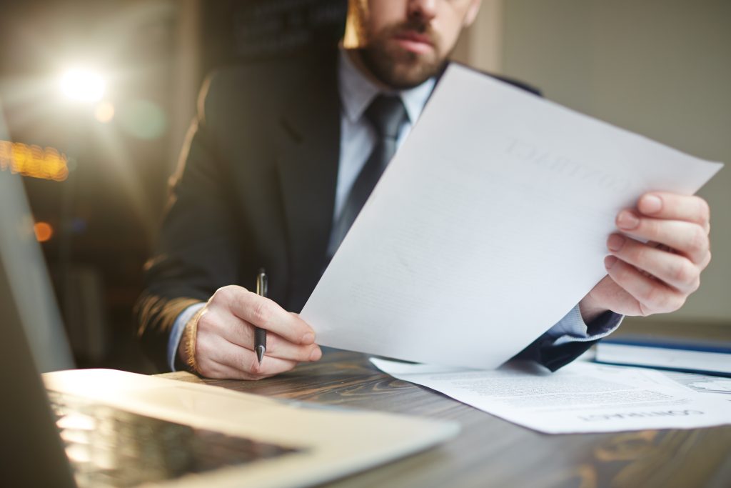 Consultant reviewing company documentation at a desk